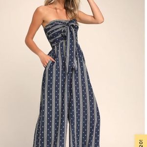 Lulu's Raine Washed Navy Blue Print Strapless Jumpsuit